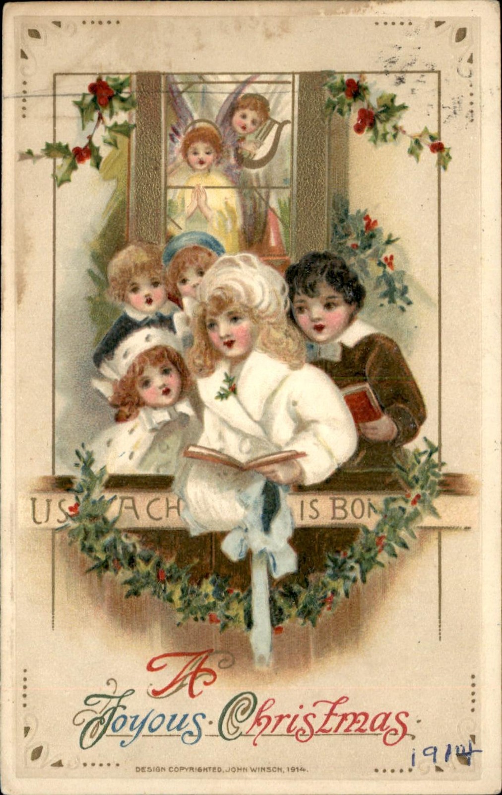 Christmas Children at Window with Angels John Winsch c1910s-20s Vintage Postcard