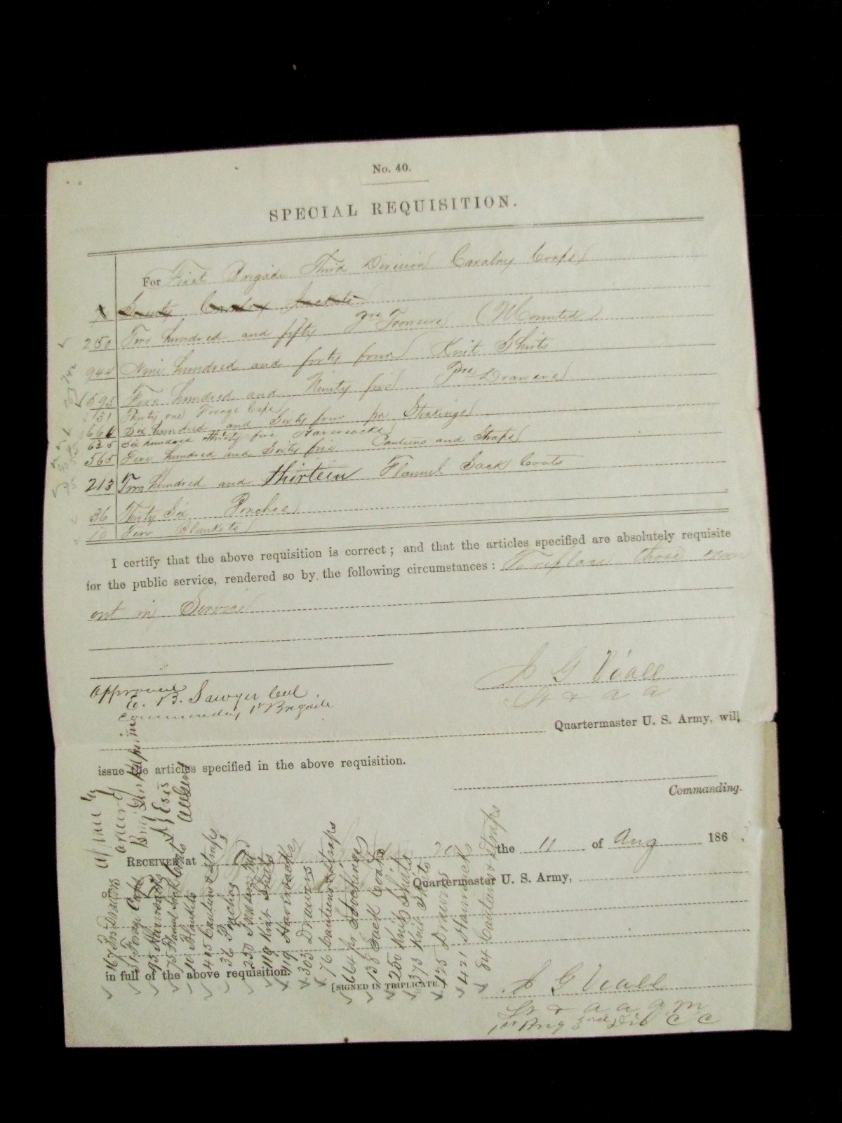 CIVIL WAR 1ST VERMONT CAVALRY COLONEL EWARD B SAWYER SIGNED REQUISITION