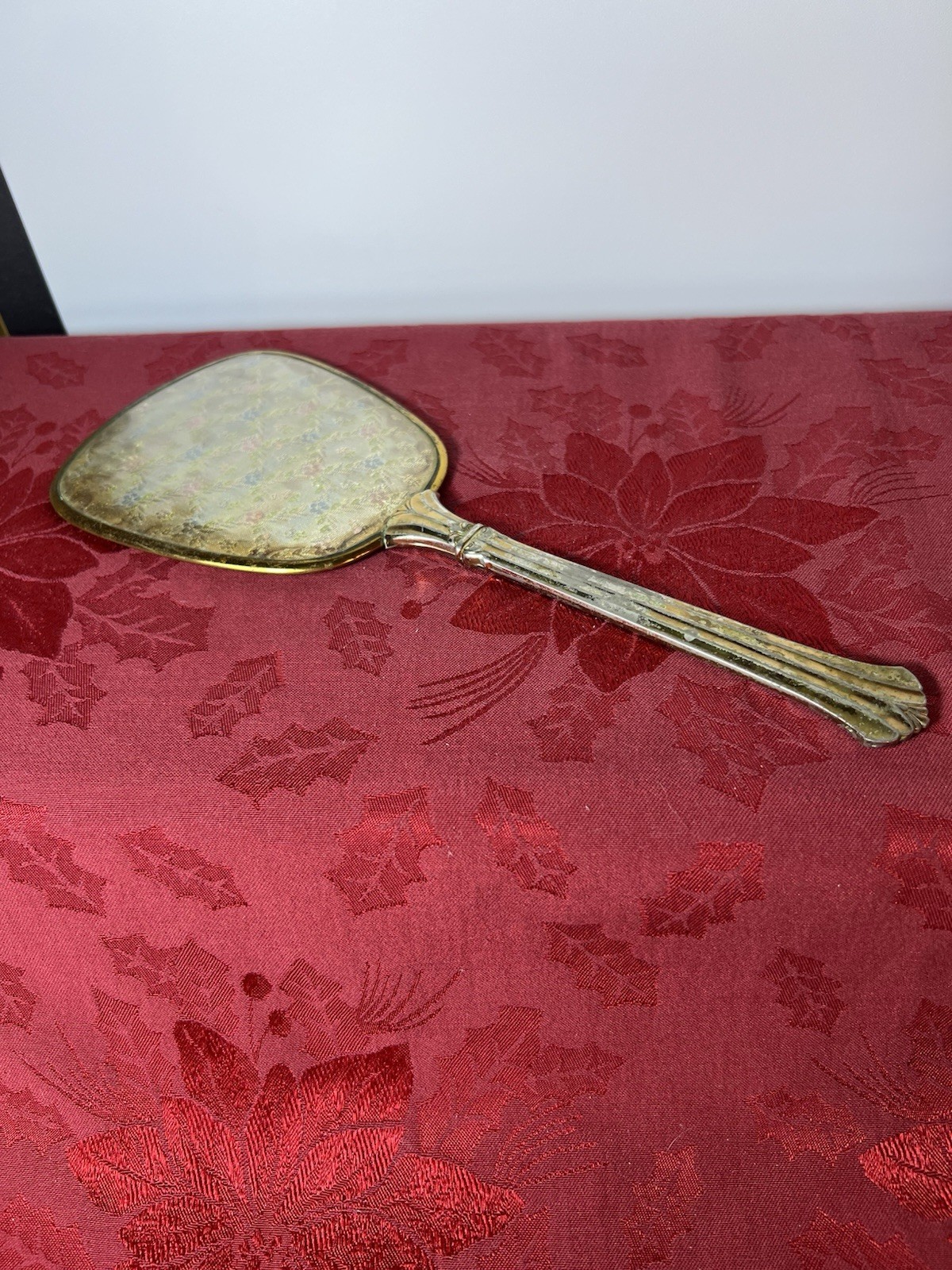 Antique Vtg Hand Held Mirror Goldtoned 1950’s Art Deco Shabby Chic Vanity Decor