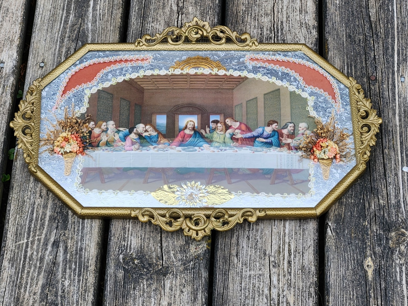 DaVinci\'s Last Supper Deco Ornate Brass Tone Metal Frame 14\