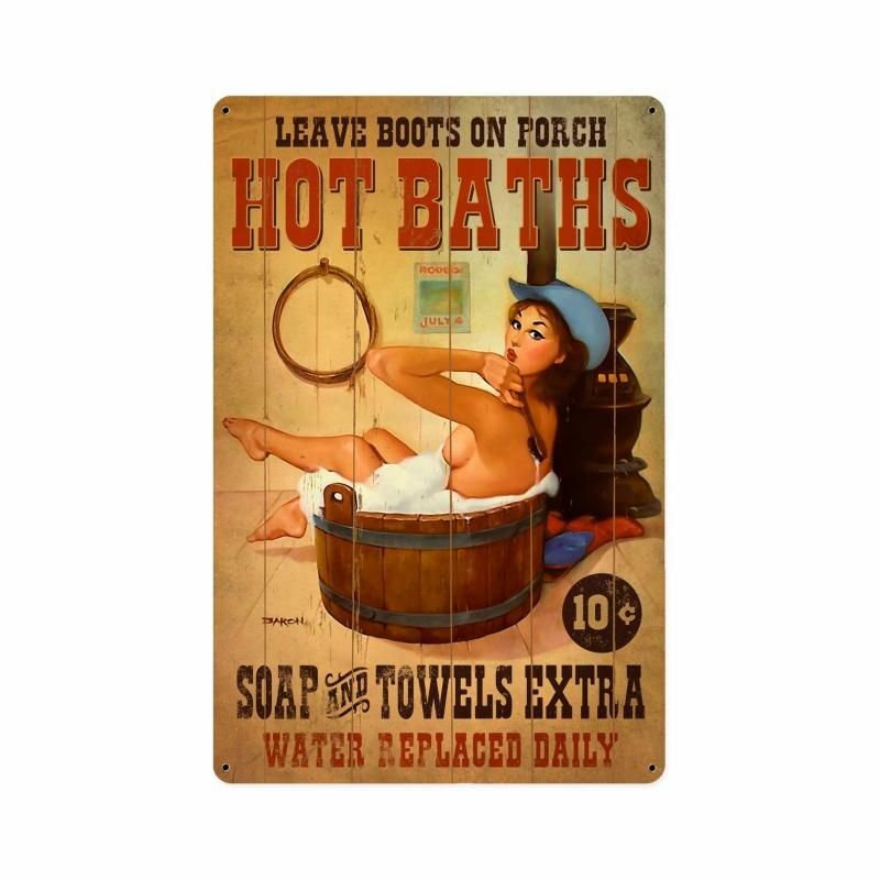 RISQUE GIRL BATHING IN TUB HOT BATHS 10 CENTS HEAVY DUTY USA MADE METAL ADV SIGN