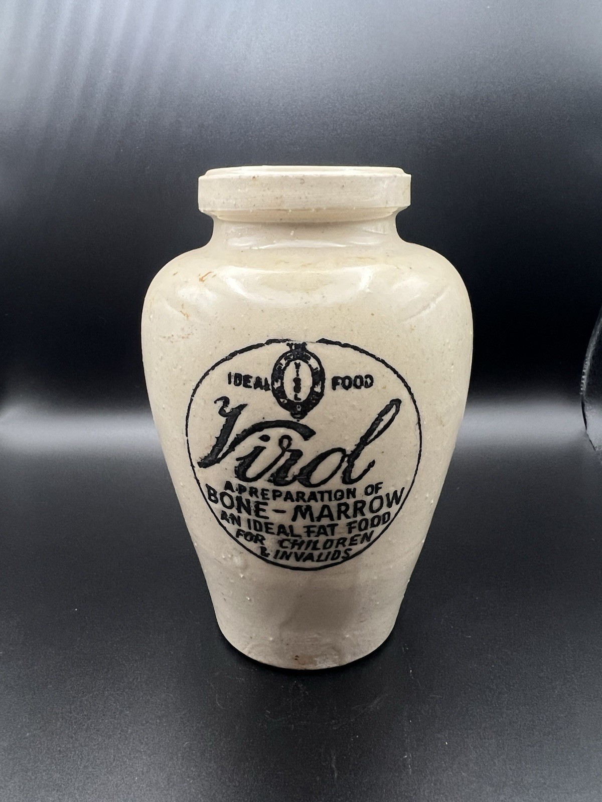 Antique Virol Bone Marrow Ceramic Crock Stoneware 5.5in Tall.  