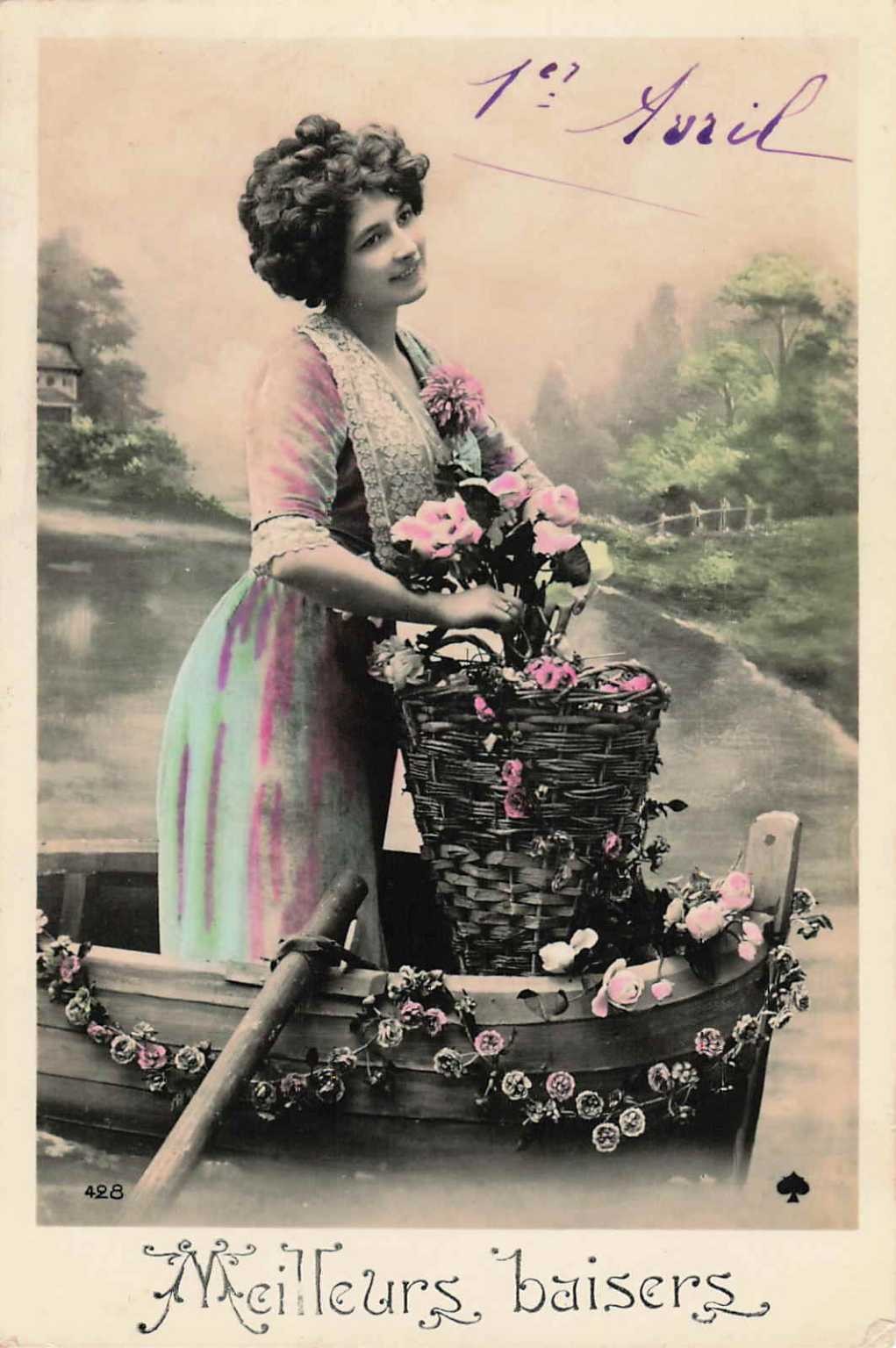 Vintage French Postcard Woman in Boat with Roses 