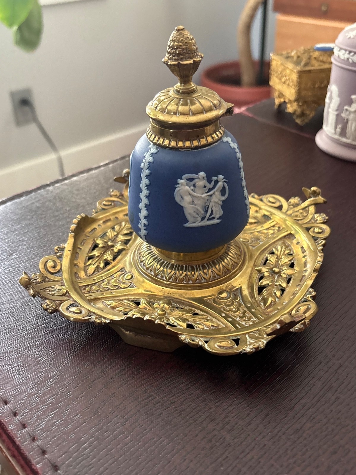 c.1883 Wedgwood dark blue jasperware & brass inkwell