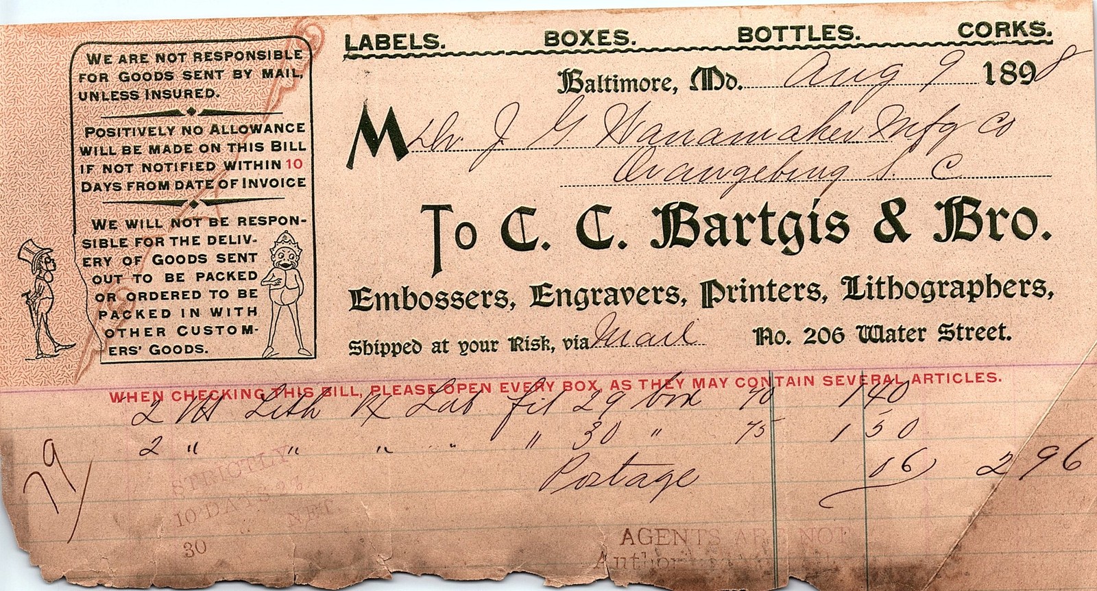 1898 C. C. Bartgis & Bro. Baltimore Printer Billhead