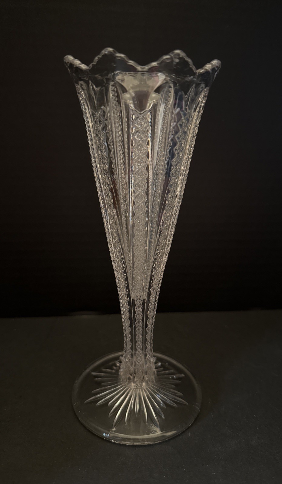 Antique Duncan & Miller EAPG Cut Glass Zipper Pattern Trumpet Vase 8.25”