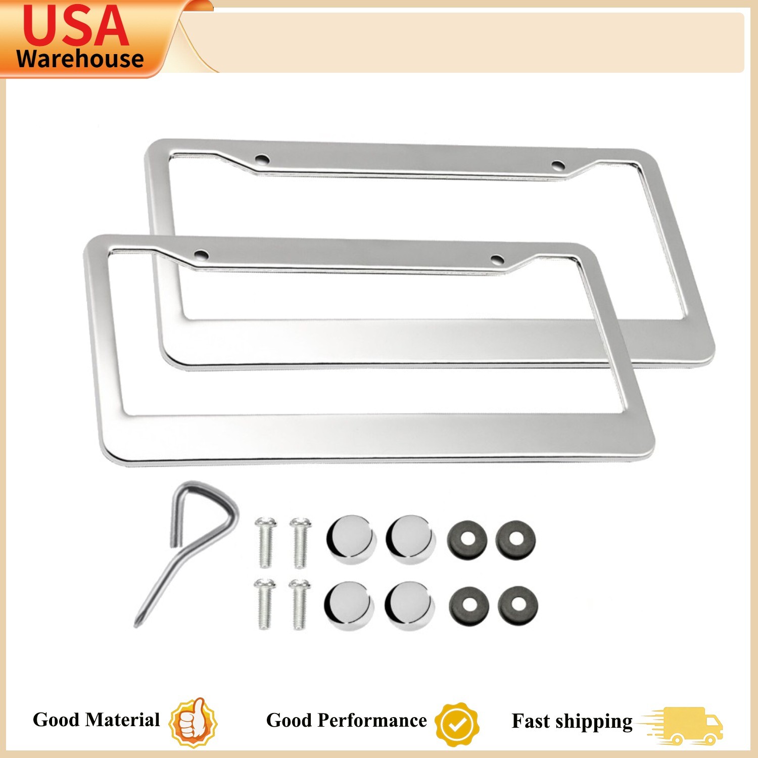 2 PCS Chrome Stainless Steel Metal License Plate Frame Tag Cover with Screw Caps