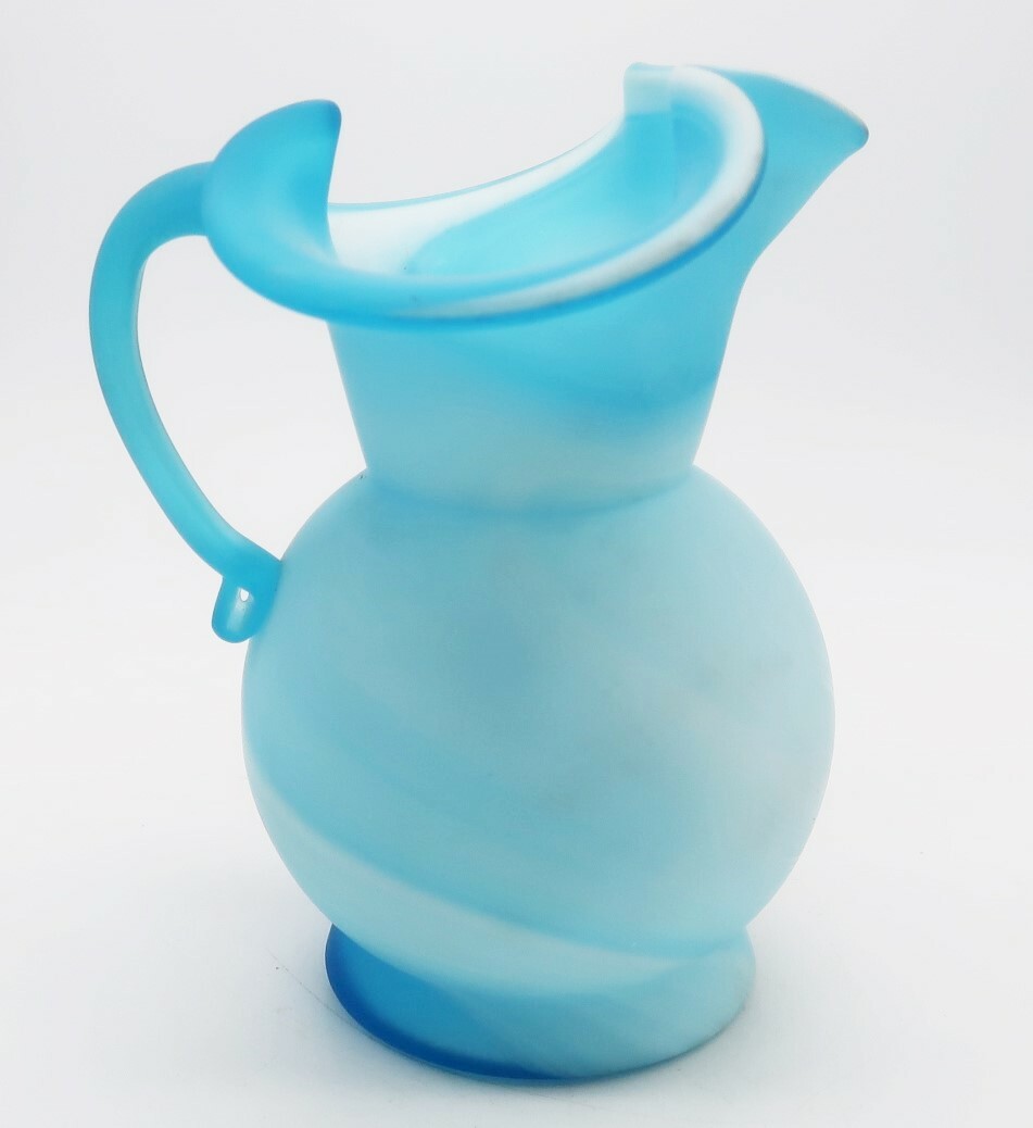 Vtg Pressed Art Glass Blue Swirled Matte Finish Small Water Pitcher or Creamer