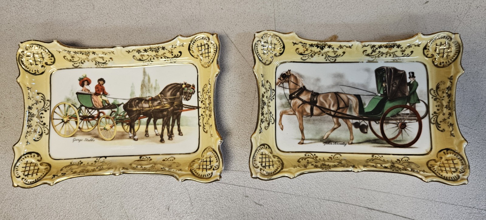 Vintage Pair Victorian HORSE DRAWN CARRIAGES Porcelain Trinket Pin Dish Plates