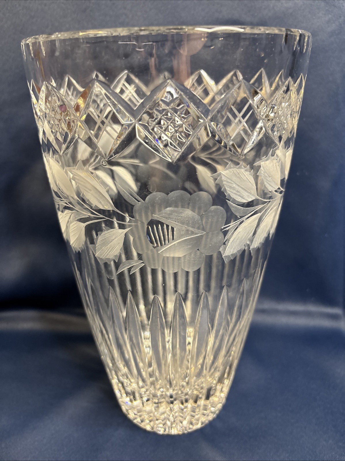 Vintage Hand Cut Floral Crystal Art Deco Decorative Vase 10”