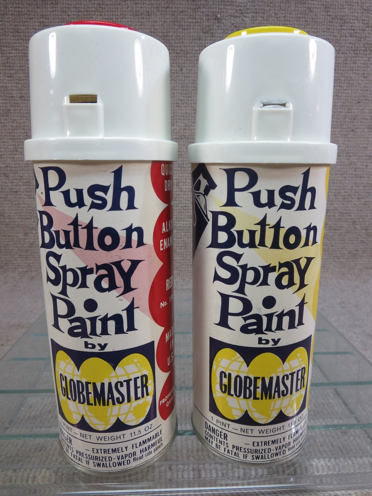 2 Vtg Globemaster Spray Paint Can Lot Red Yellow Button Top Paper Label Houston 2 Vtg Globemaster Spray Paint Can Lot Red Yellow Button Top Paper Label Houston