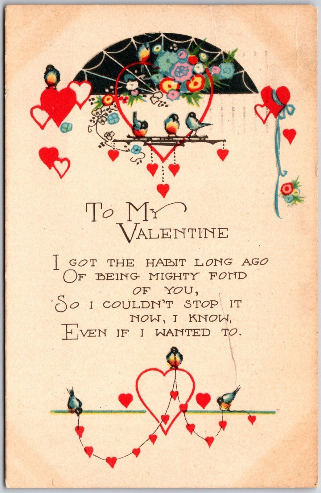 1924 To My Valentine Message and Greetings Card Hearts Birds Posted Postcard