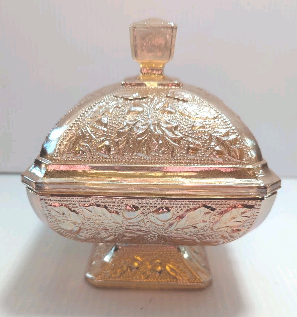 Vintage Jeanette Amberina Marigold Lusterware Footed Glass Candy Dish with Lid
