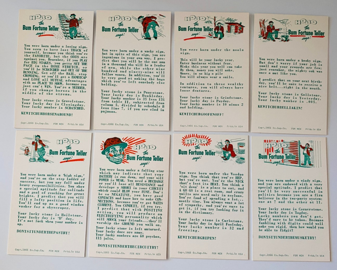 Vintage 1966 Full Set 8 Men Exhibit Supply Hobo the Bum Fortune Teller Cards