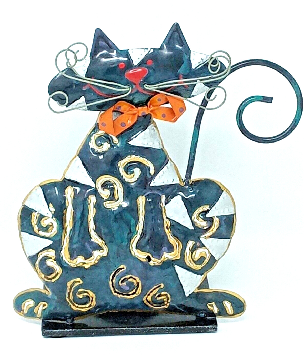 Candles & Such Metal Black Cat Votive Holder halloween orange bow tie kitty vgc