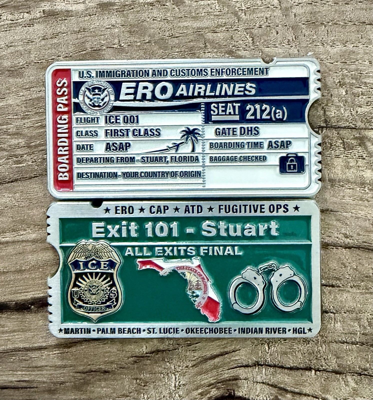 ICE ERO Stuart FL RARE Boarding Pass Challenge Coin - Limited Edition