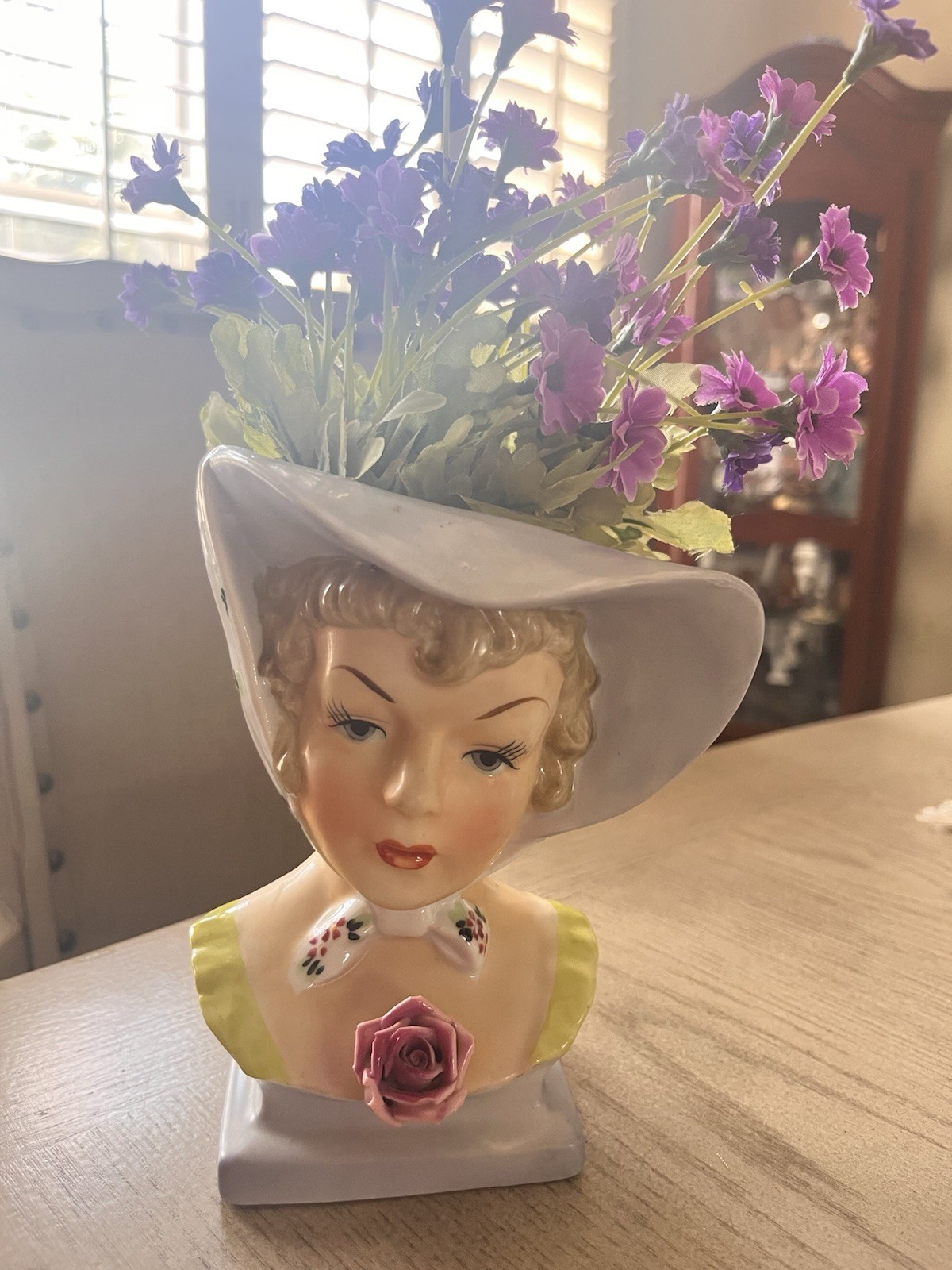 Napco Ceramic Lady Head Vase Hat Blonde Hair Rose Planter Art Decor Prop