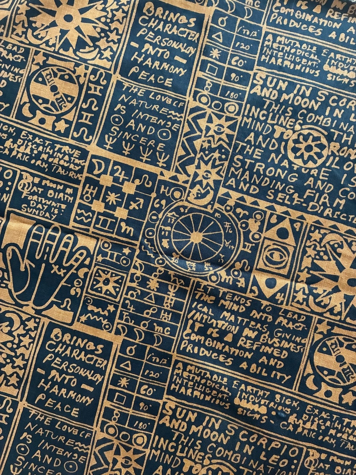 Vtg 60s Heavy Cotton Fabric Novelty Print Astrology Palm Reading  45\