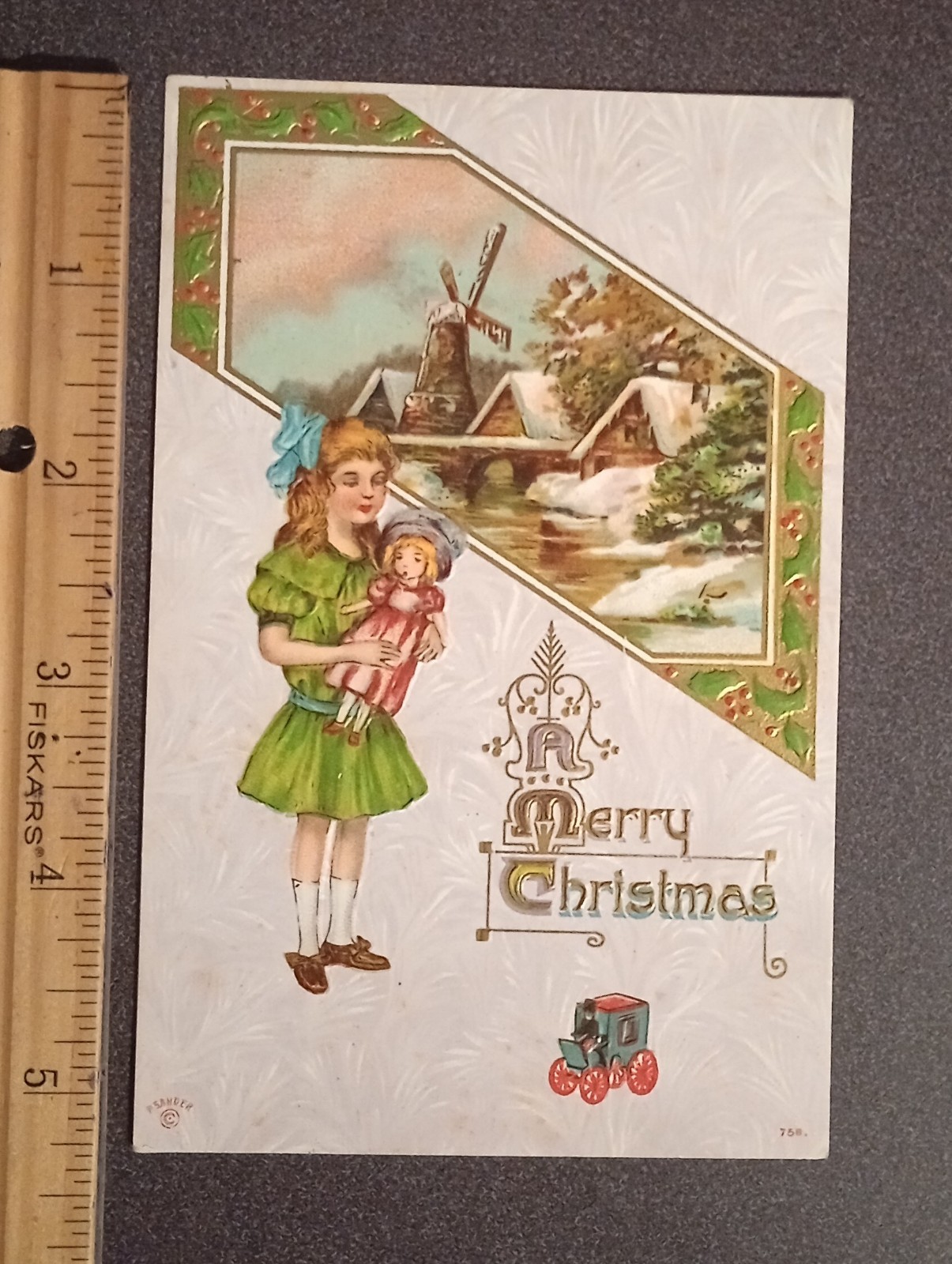 Early 1900\'s A Merry Christmas Embossed Girl Doll Windmill Post Card Antique 