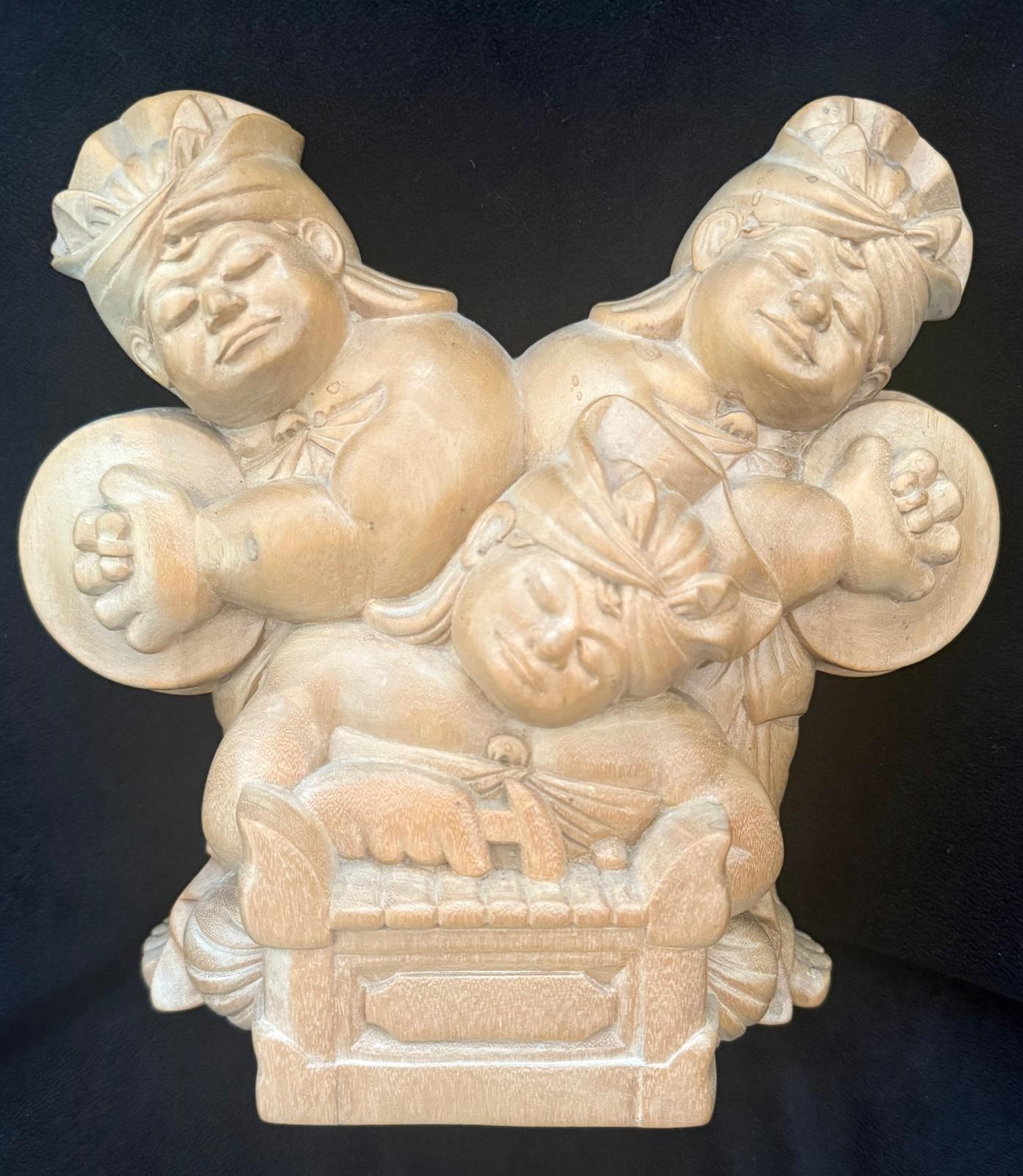 Vtg Balinese Hand Carved Wood Sculpture Gamelan Musician Trio Cymbals Xylophone Vtg Balinese Hand Carved Wood Sculpture Gamelan Musician Trio Cymbals Xylophone
