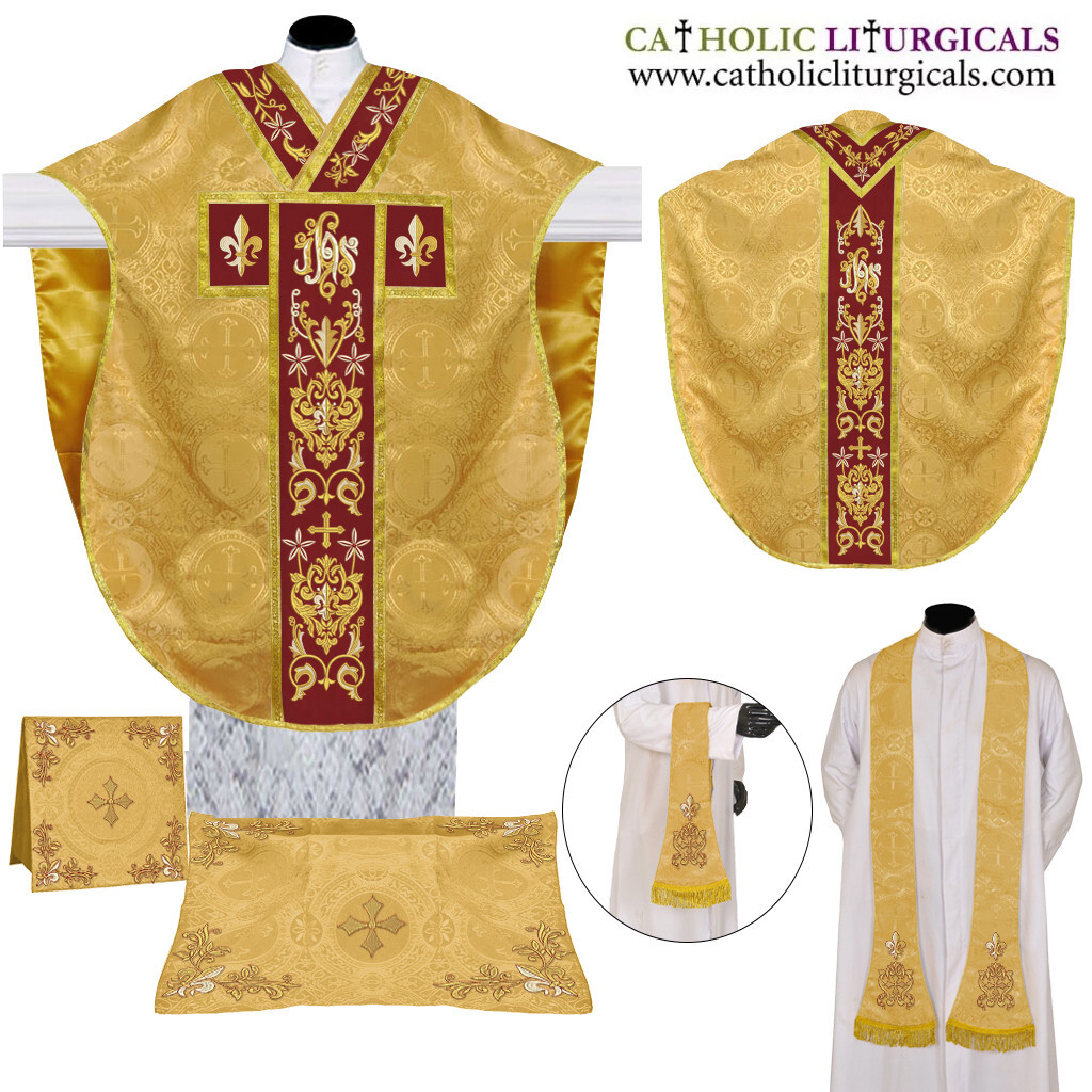 YELLOW Chasuble St. Philip Neri Style Vestment & Mass Set, IHS Embroidery, NEW
