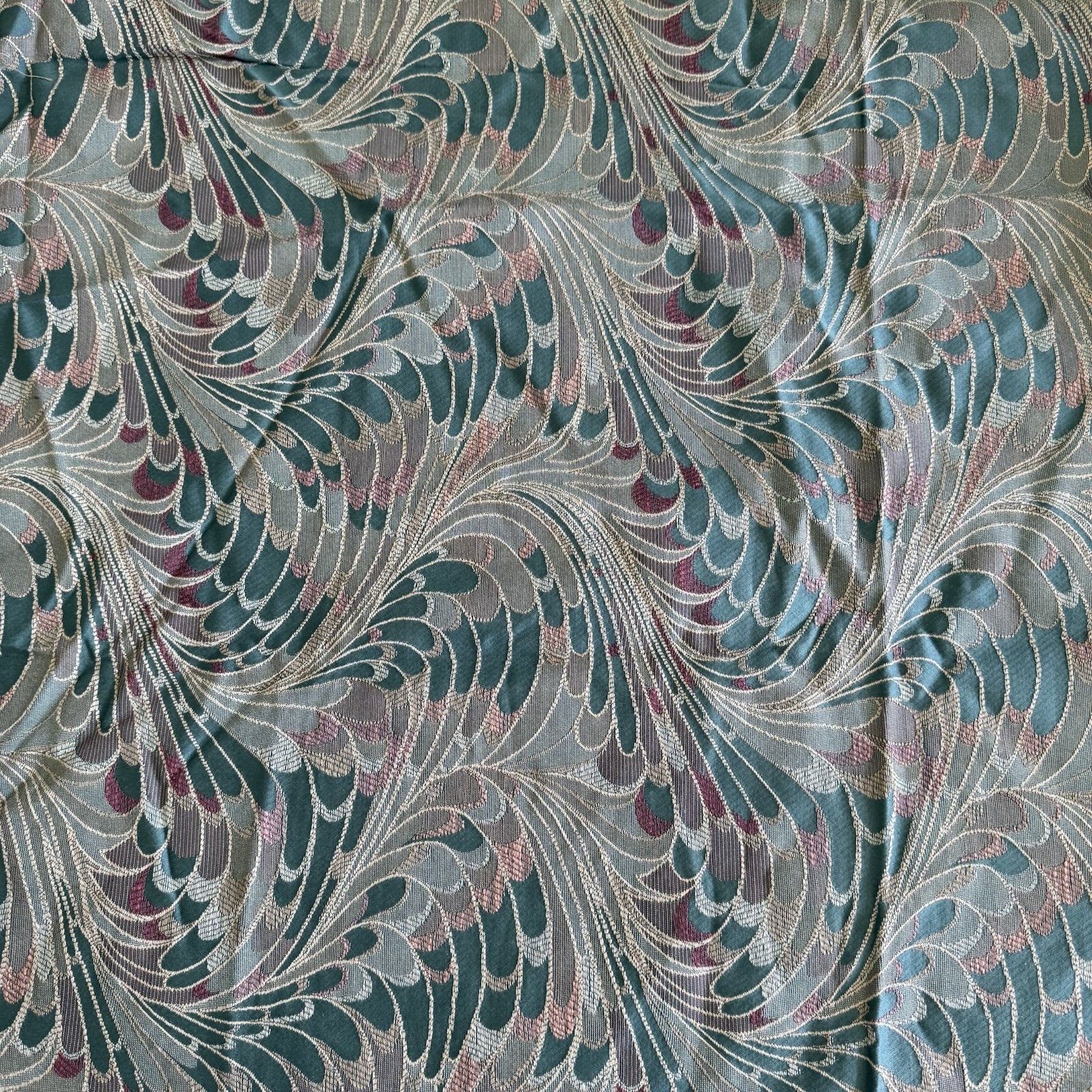 Vintage Woven/Tapestry Peacock Feather Fabric 45” X 53” Art Deco MCM Green Pink