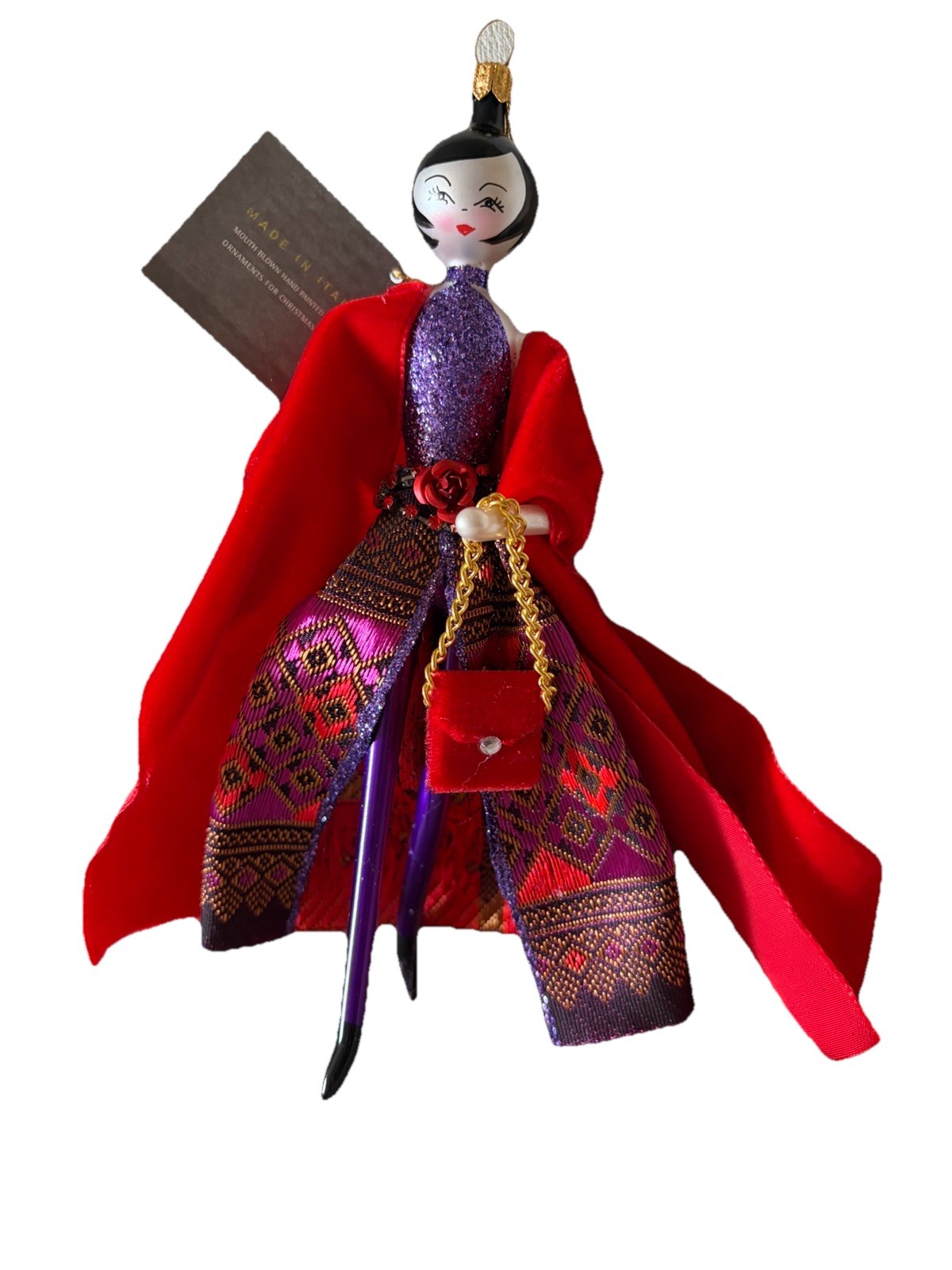 De Carlini Lady in Purple Dress and Red Shawl Ornament READ
