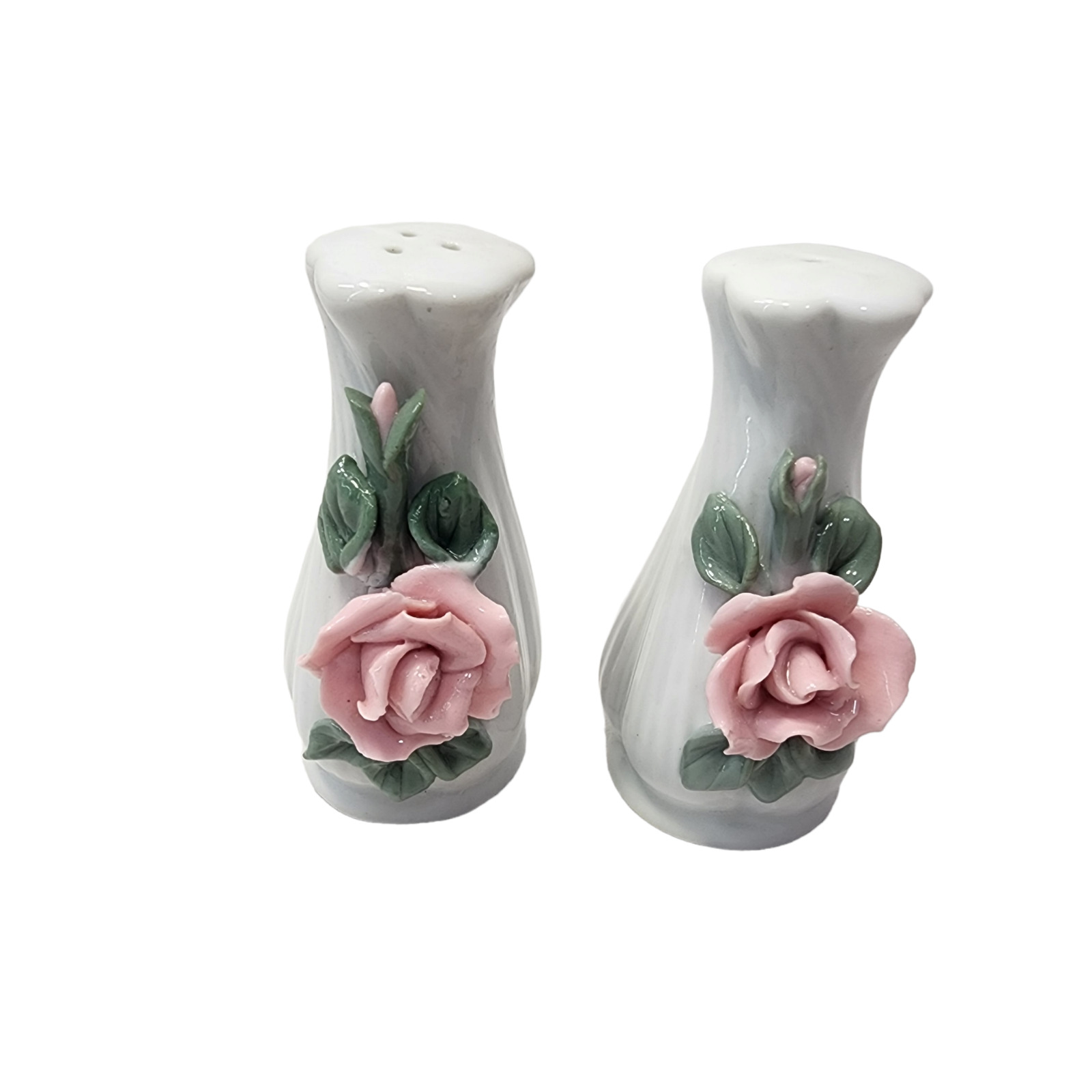 Vintage Porcelain Floral Salt Pepper Shaker set Pink Applied Flower Dimensional