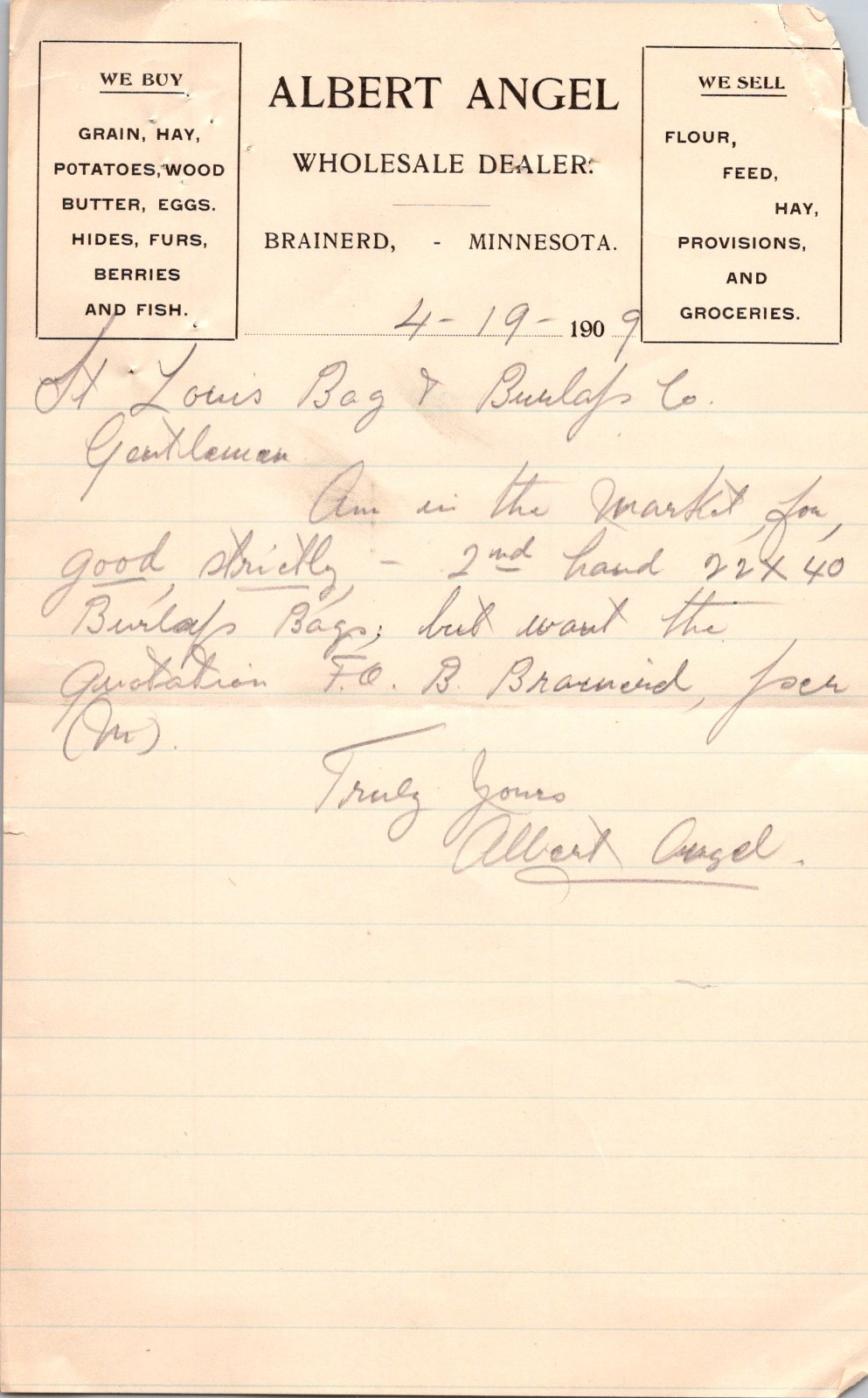 Albert Angel Wholesale Dealer 1909 Brainerd MN Antique Letterhead Billhead TB1