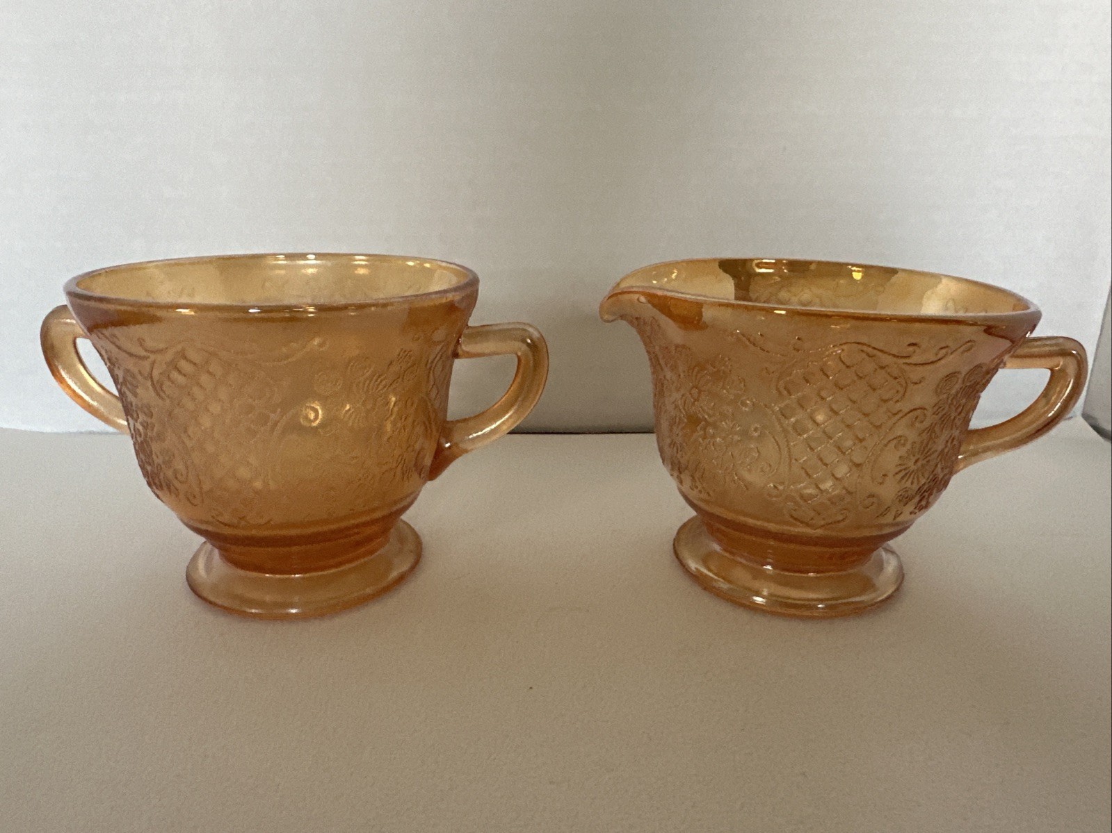 VTG MARIGOLD CARNIVAL GLASS NORMANDIE HANDLED SUGAR BOWL /CREAMER  GLASSWARE