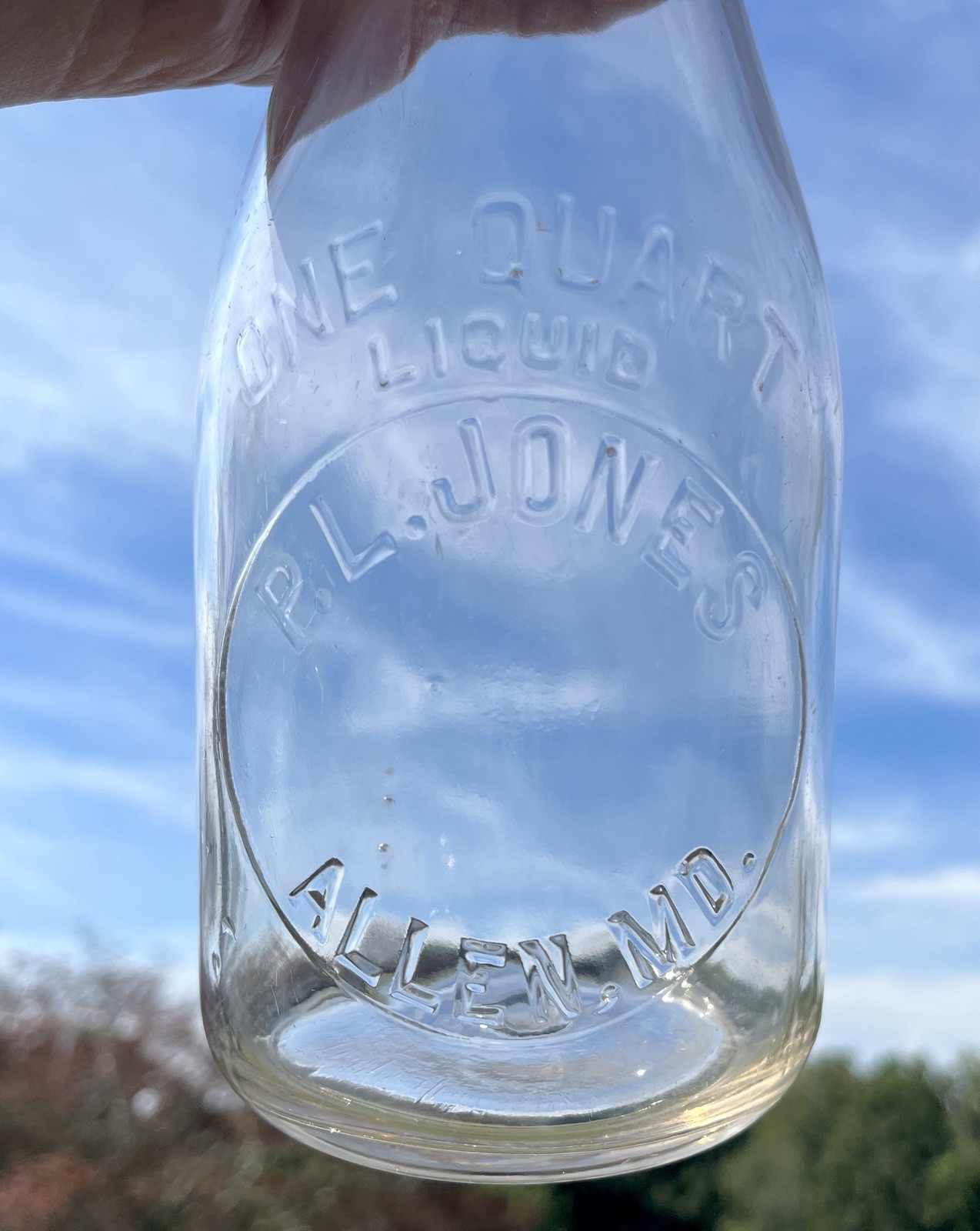 P.L. Jones Allen MD Milk Bottle TREQ Quart Princess Anne Somerset County Eastern