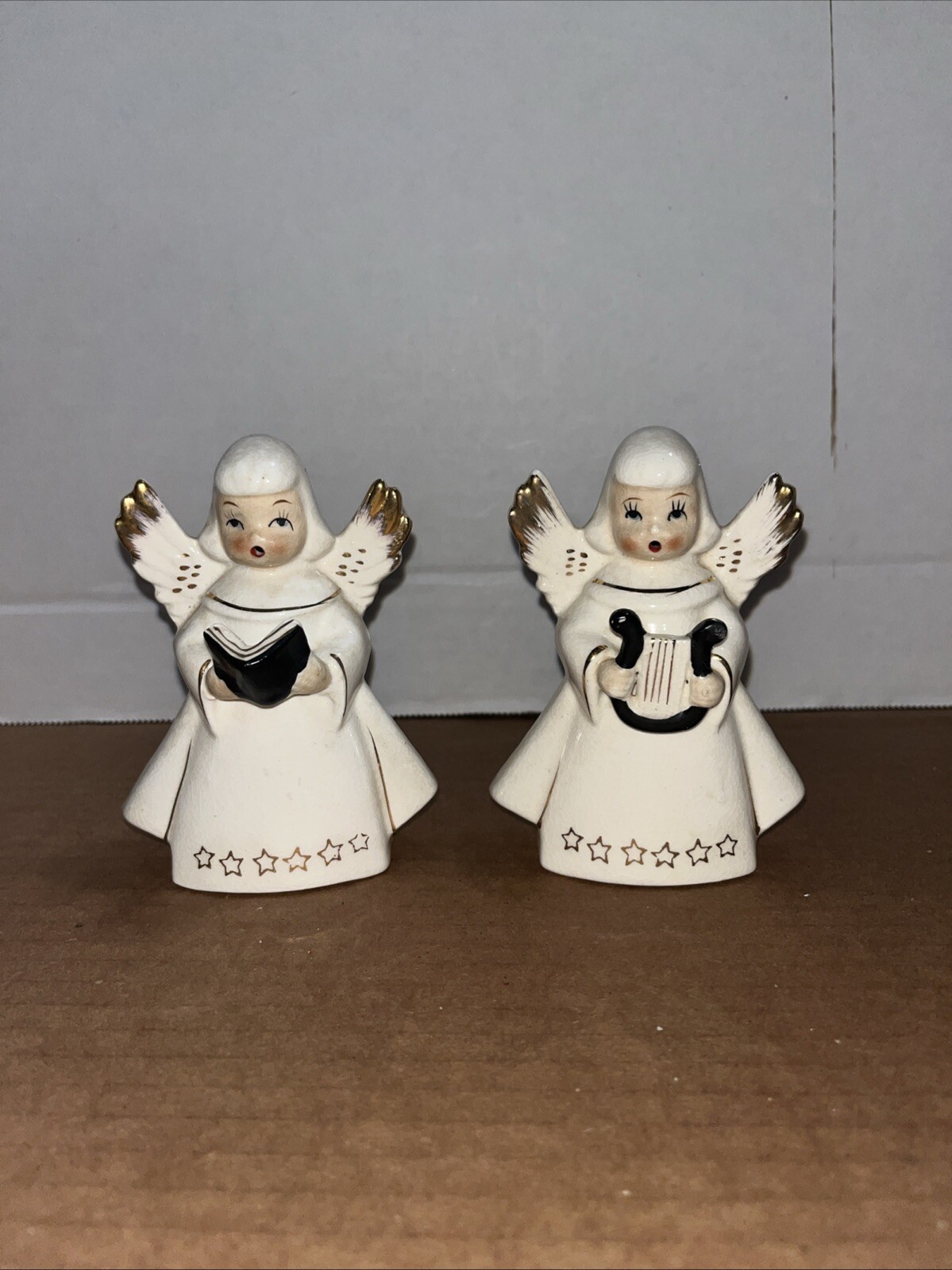Vtg Made in Japan Ceramic Christmas White Gold Angel Figurines  MCM 1950s