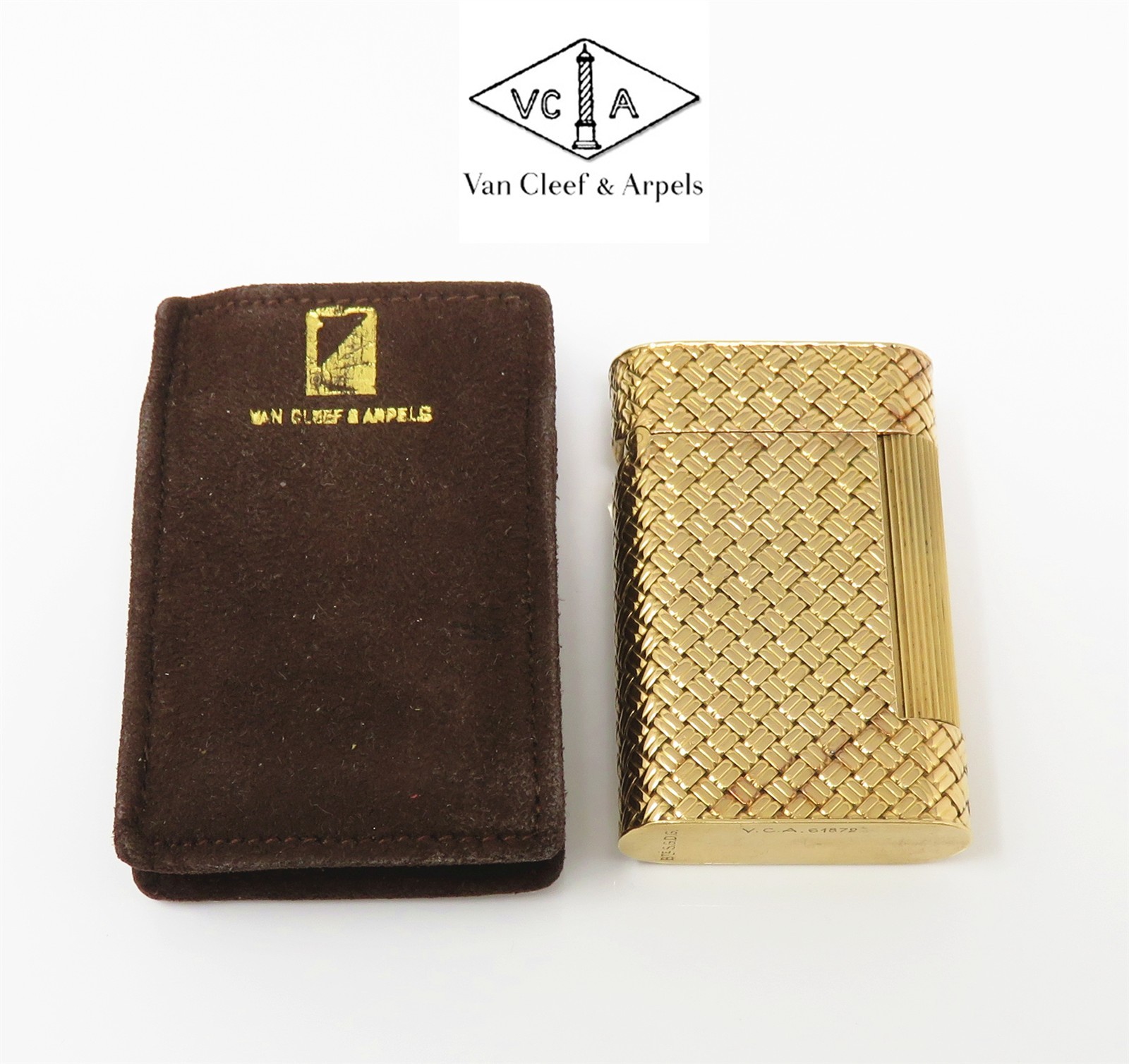NYJEWEL Van Cleef & Arpels VCA 18k Gold Basket Weave Lighter Engraved W. Pouch