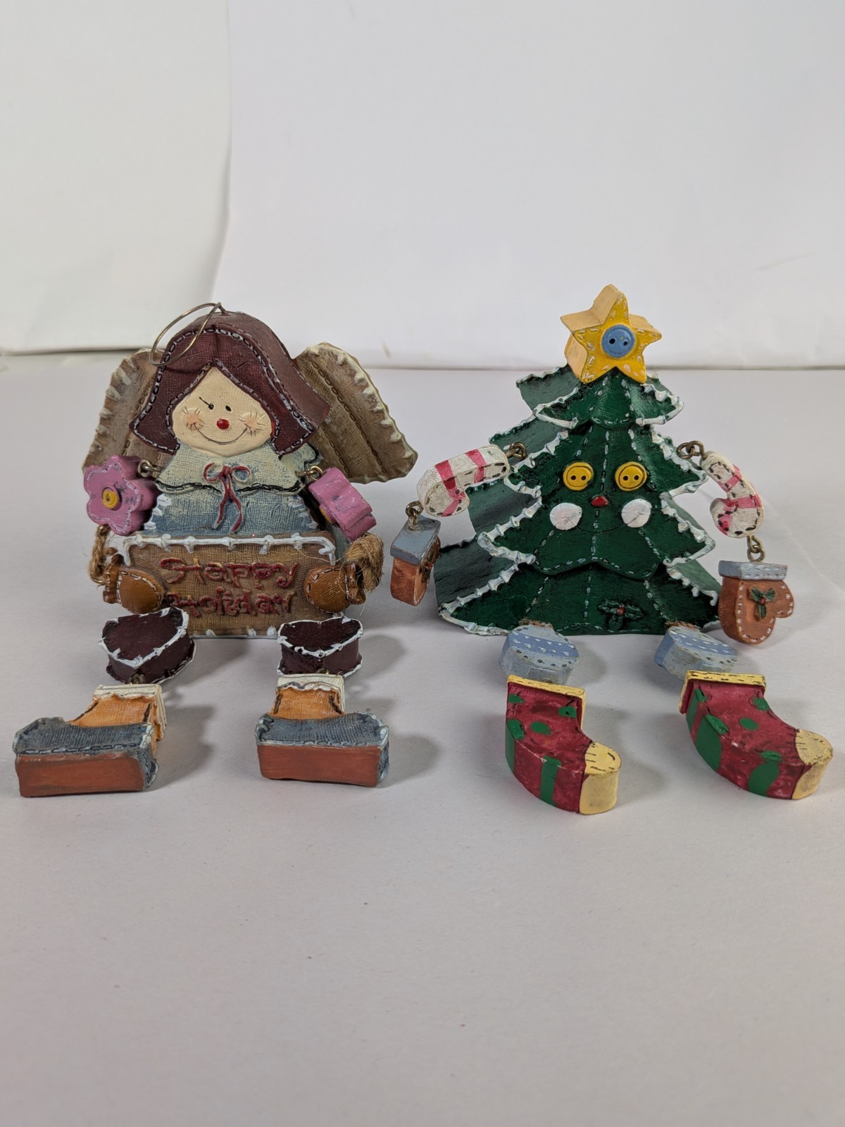 Vintage WMG Shelf Sitters Folk Art Holiday Decor Christmas Tree Angel Lot Of 2
