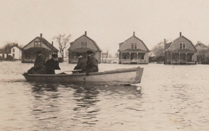 Massive Flood Entire Town Underwater Disaster People Canoe RPPC Postcard