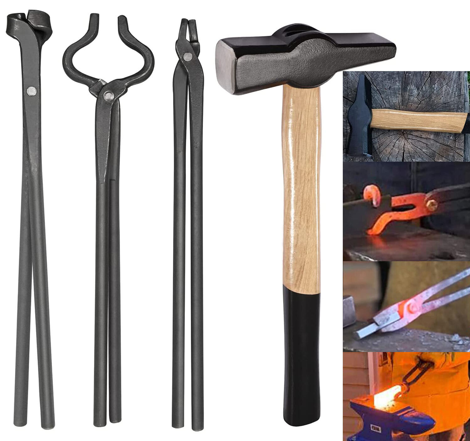4Pcs Hammer & Blacksmith Forge Tongs Set For Bladesmith Anvil Forge Knife Making