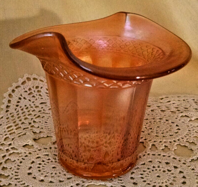 CARNIVAL GLASS HAT VASE IRIDESCENT MARIGOLD RUFFLED EDGE DIAMOND TRIM VINTAGE.