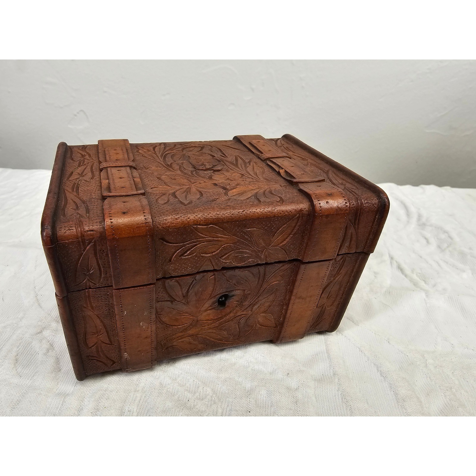 Vintage Swiss Black Forest Hand Carved Linden Wood Jewelry Box Trunk Chest 1920s