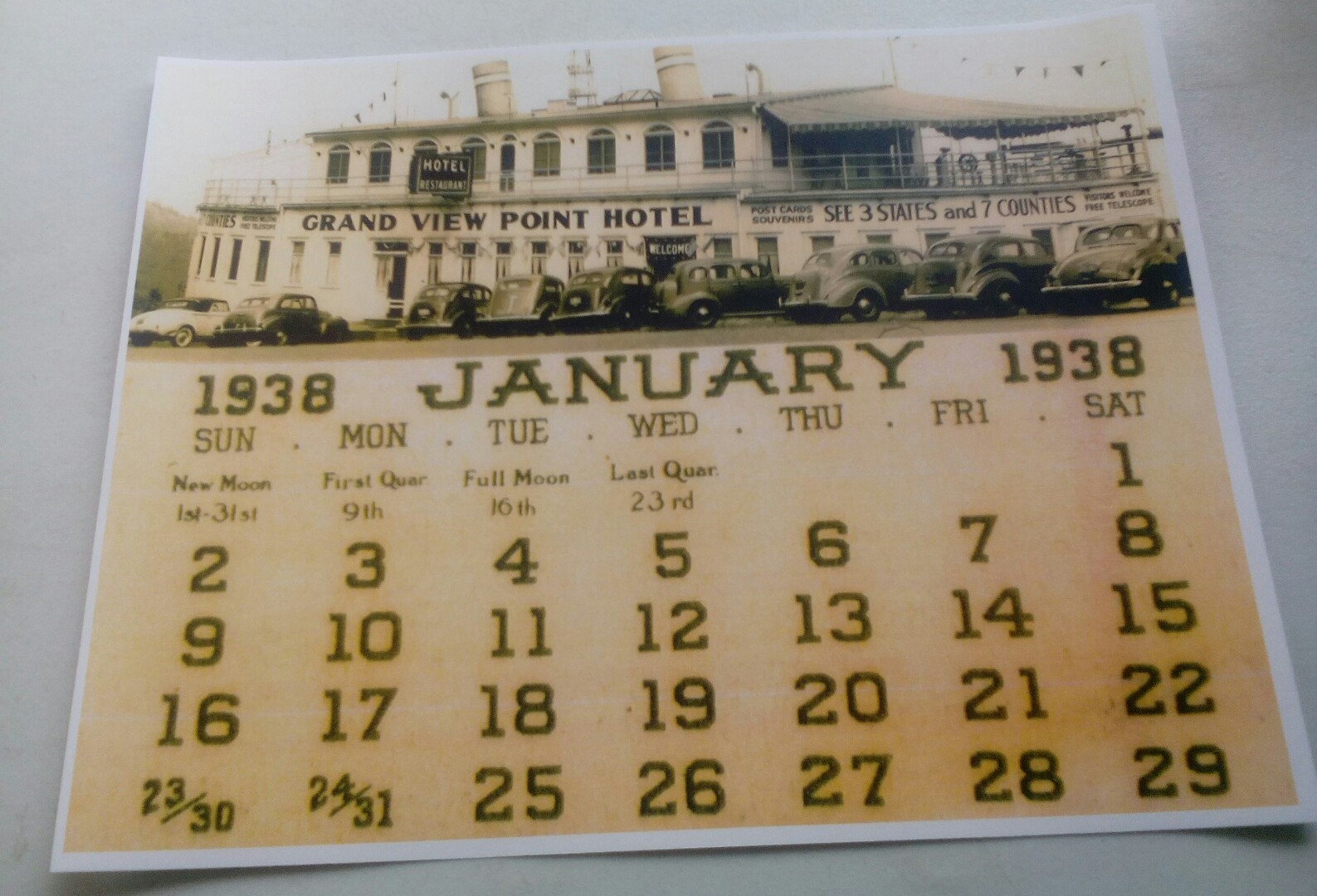 1938 Grand View Point Ship Hotel Lincoln Highway Pa. Advertising Calendar NEW