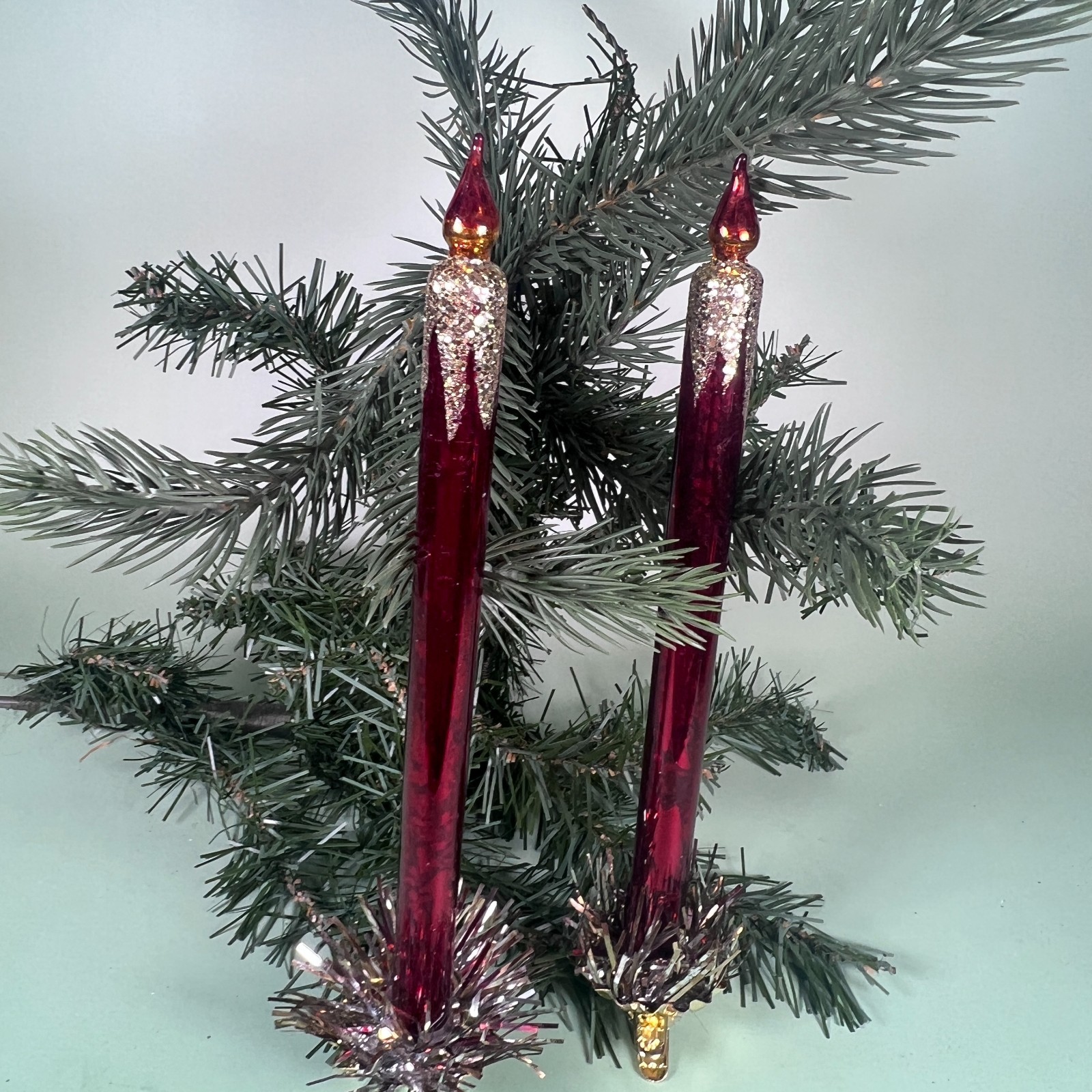 GANZ Red Gold Candle Clip Christmas Glass Ornament Set 2 Mercury Glass 9 Inch