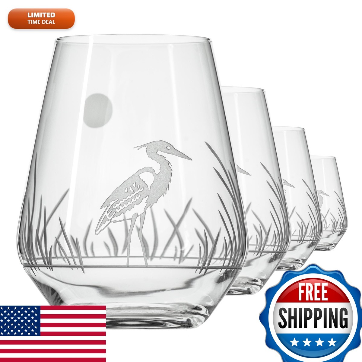 Rolf Glass Heron 18oz Stemless Wine Tumbler Lead-Free USA (Set of 4) Rolf Glass Heron 18oz Stemless Wine Tumbler Lead-Free USA (Set of 4)