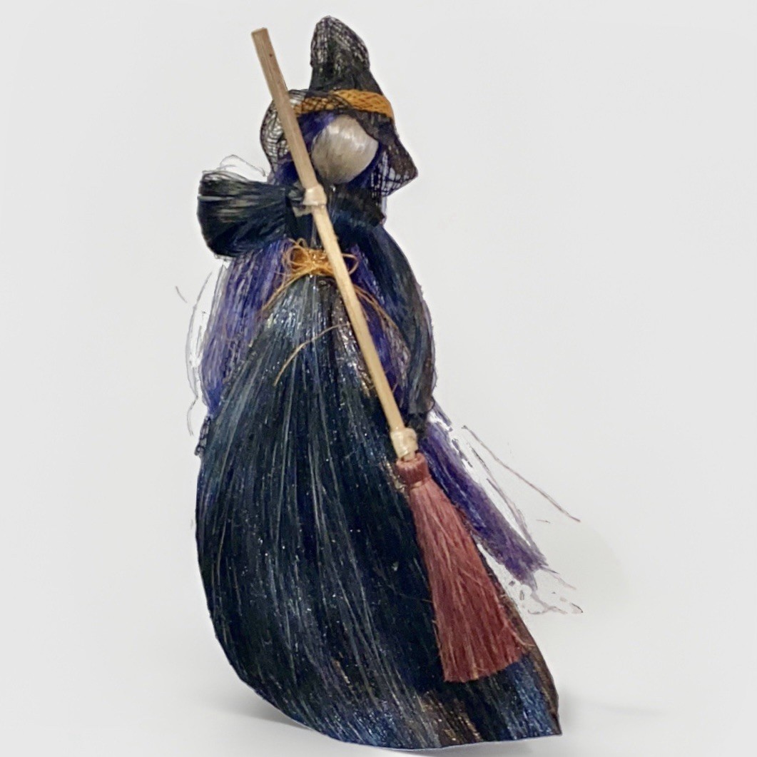 VTG 12” Primitive Halloween Raffia Straw Witch Folk Art Hanging Decoration