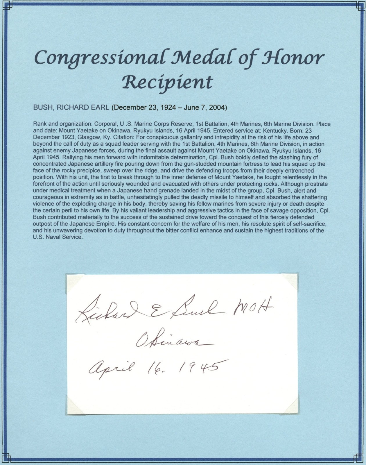 Richard Earl Bush d2004 signed autograph 3x5 cut USA Marine WWII MOH Recipient