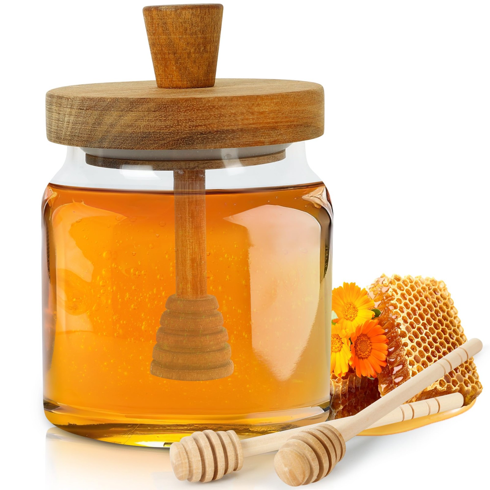 Loscarol Honey Pot with Dipper and Lid - 18oz Glass Honey Jar with Wooden Honey