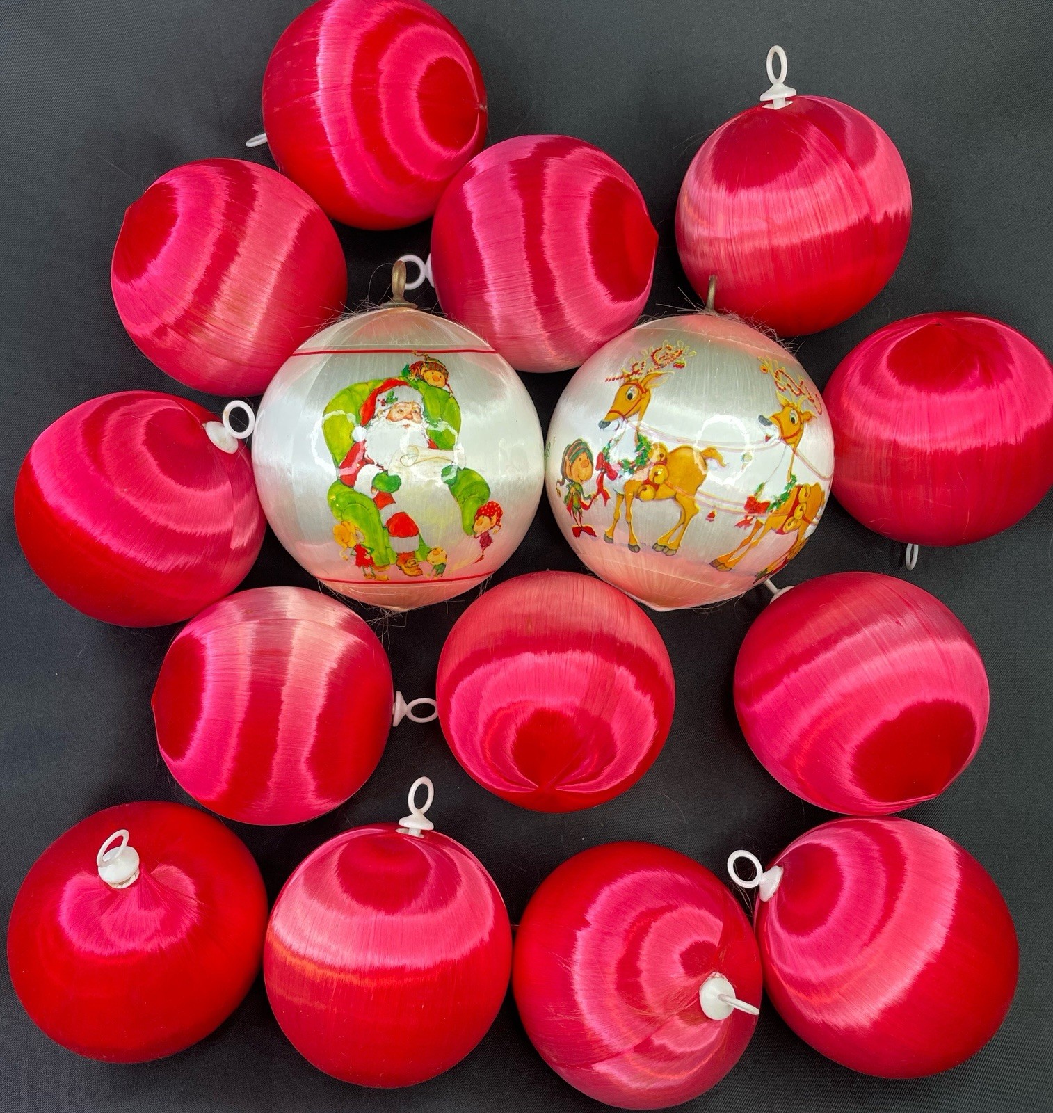 Mixed Lot 15 Vintage Red & White Spun Silk Satin Christmas Ornaments