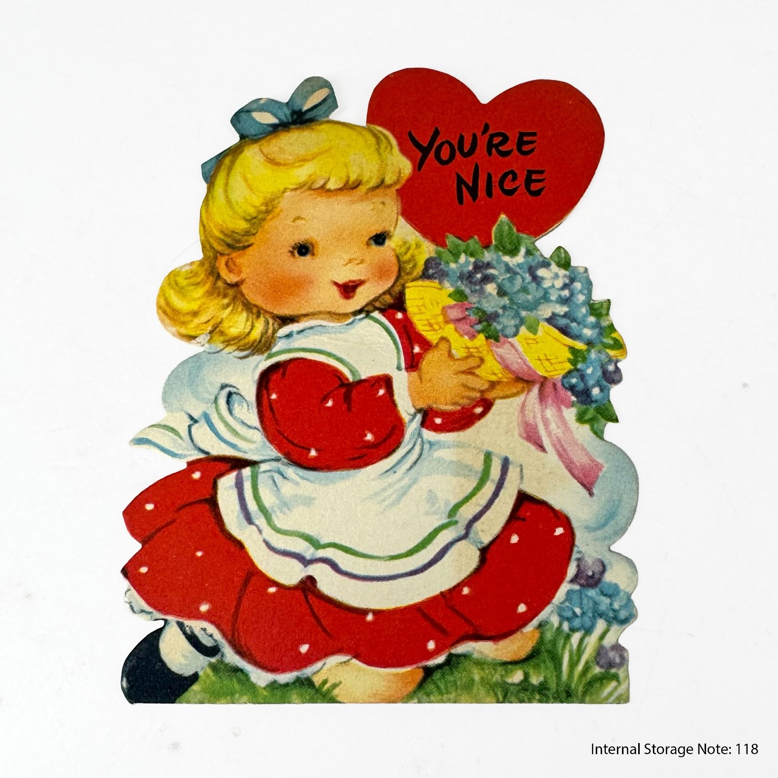 Vintage Gibson Valentine Card Die-Cut Girl with Flowers & Heart You\'re Nice