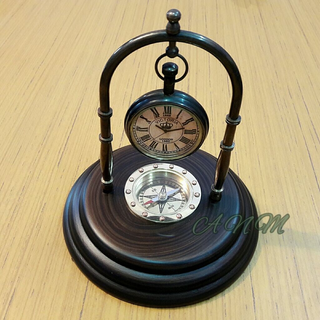 Antique Brass Desk Clock With Wooden Base Marine Compass Table top Decorative
