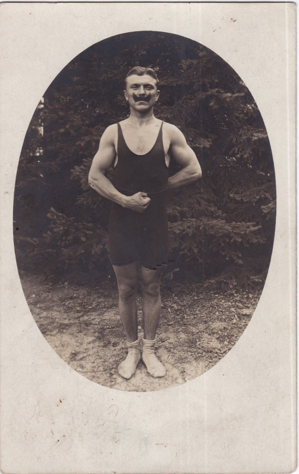 Vintage RPPC - Muscular mustached man in one-piece swimsuit - Gay interest