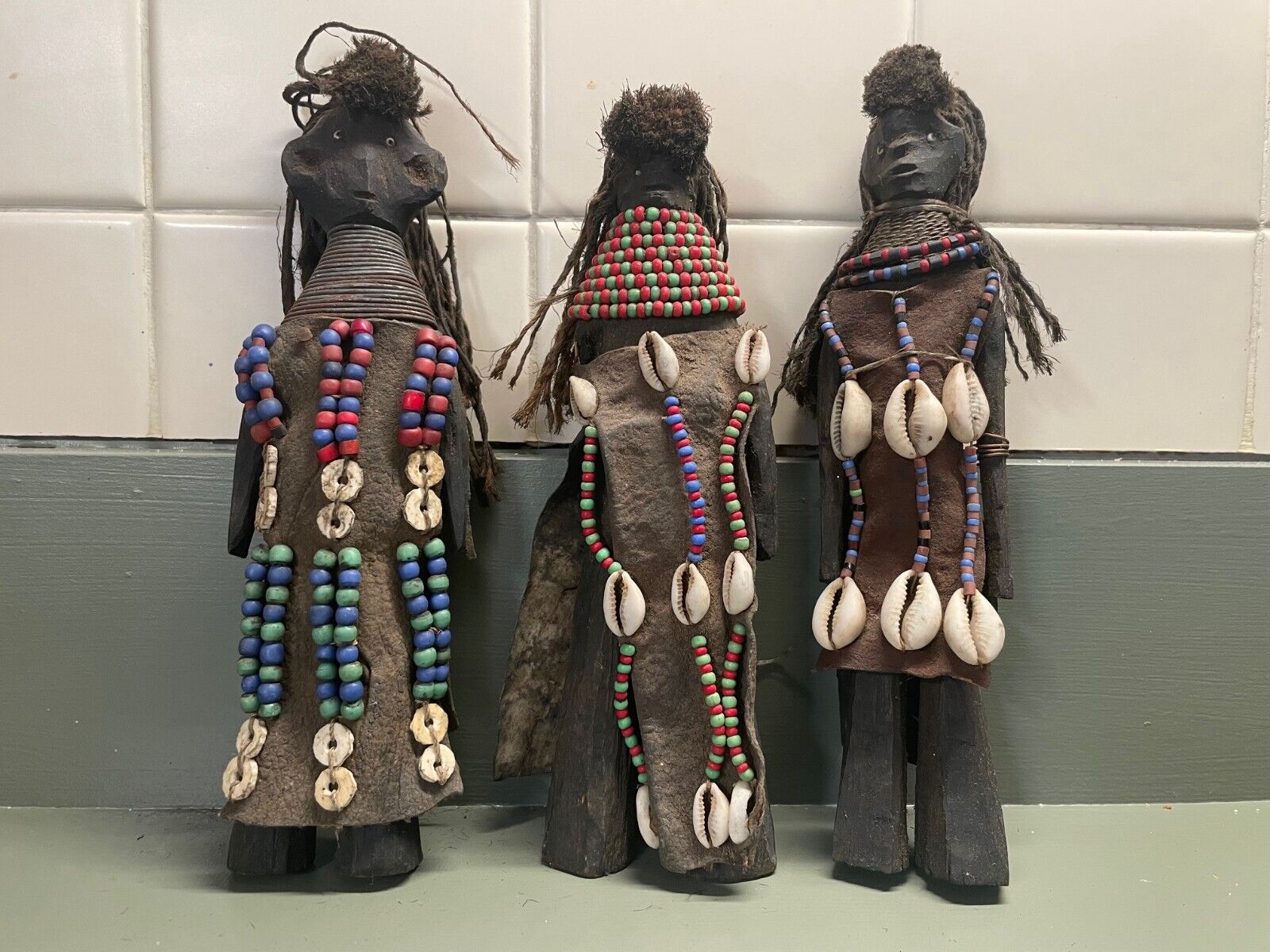 Hand-Carved Wooden African Turkana Kenya Dolls - Set of 3 - Leather Beads Shells