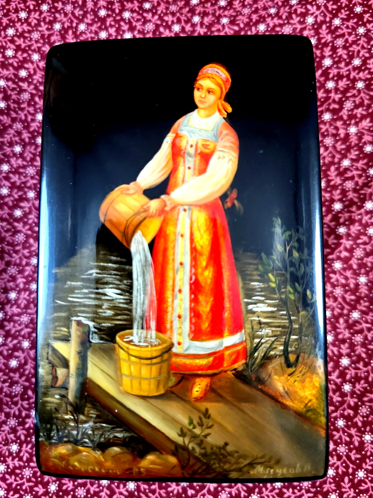 Vintage 1985 Russian Fedoskino Lacquer Box-Water Bearer Signed A. Mityukova USSR Vintage 1985 Russian Fedoskino Lacquer Box-Water Bearer Signed A. Mityukova USSR